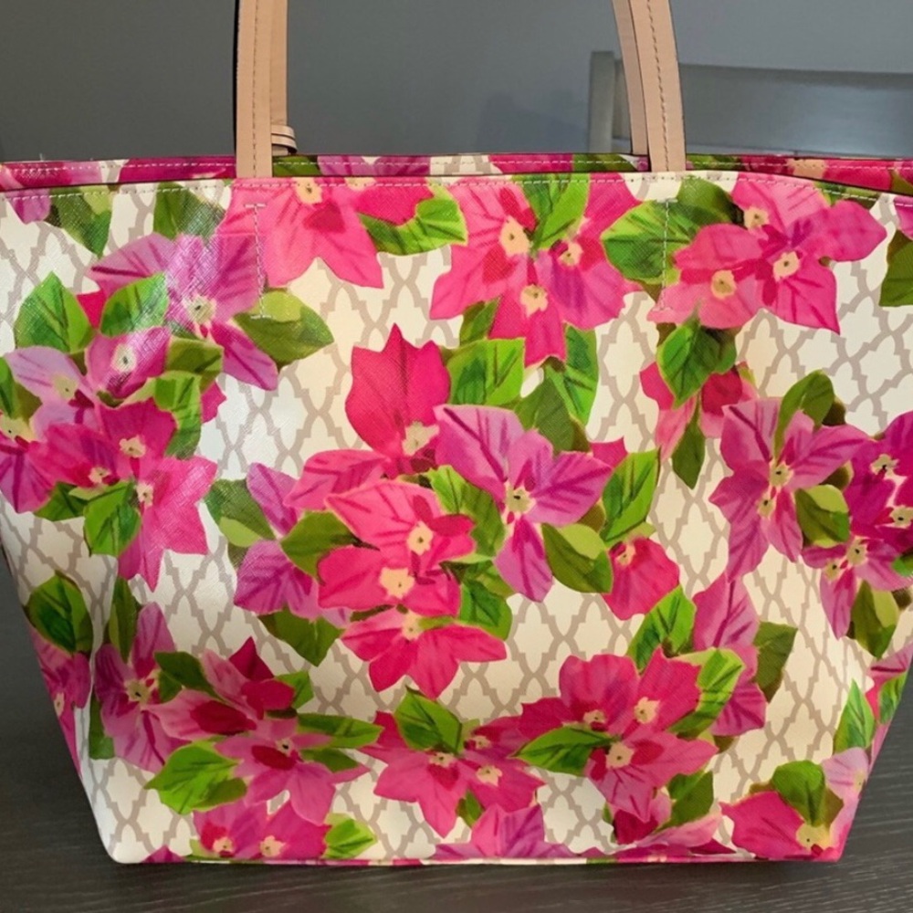 kate spade Pink and Green Floral Tote with Tan Straps